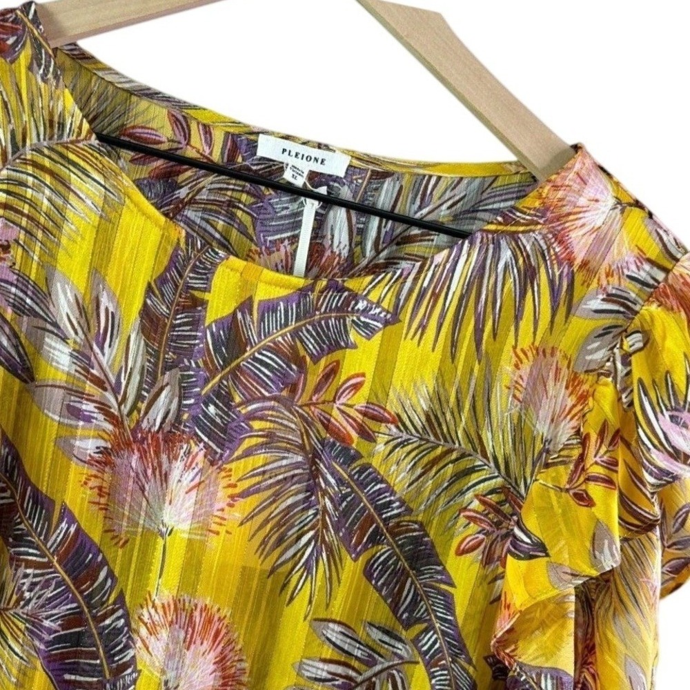Pleione Women Blouse XL Yellow Tropical Palm Smocked Ruffle Sleeve Floral Boho